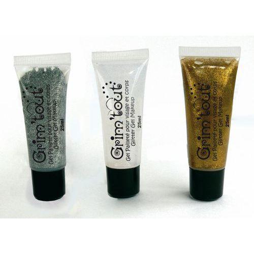 Illustration de : Assortiment 3 tubes 25 ml gel paillettes or, argent,cristal - Grimtout