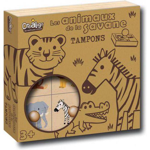 Illustration de : Lot 9 tampons bois 'les animaux de la savane' + 1 recharge tampon noir