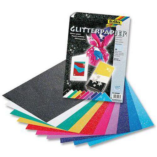 Illustration de : Pochette 10 feuilles papier pailleté 70g assorties 23X33 cm - Folia