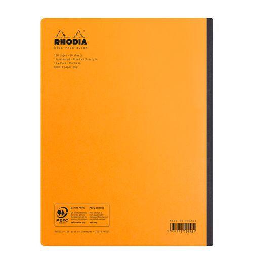 Illustration de : Carnet orange dos toilé ligné + marge - Rhodia