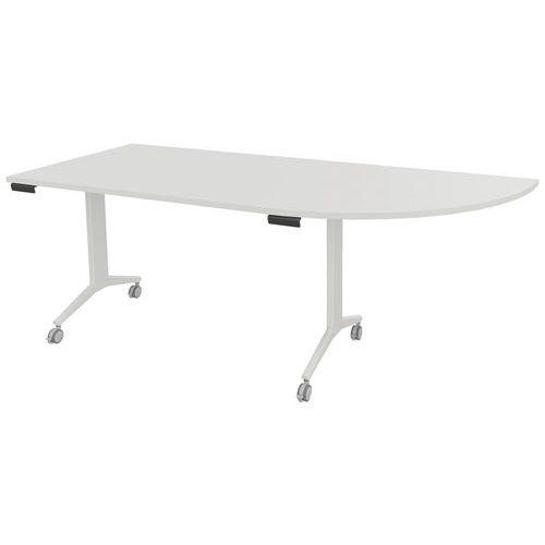 Illustration de : Table plateau pivotant Avel avec angle à droite pied blanc sur roulettes
