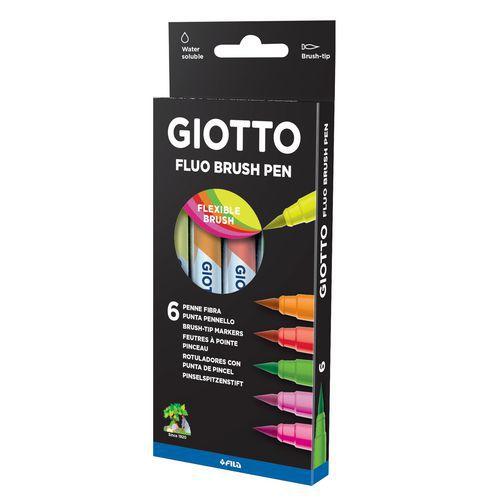 Illustration de : Etui 6 feutres pinceaux couleurs fluo turbo soft brush - Giotto