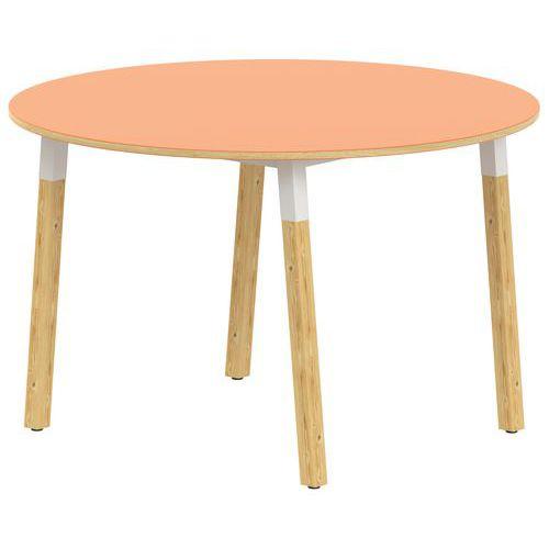 Illustration de : Table 4 pieds inclinés métal/bois ronde Ø 120 cm stratifié ABS