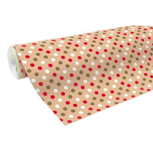 Illustration de : Rouleau kraft brut 50x0,70m Noël pois rouge blanc or - Clairefontaine